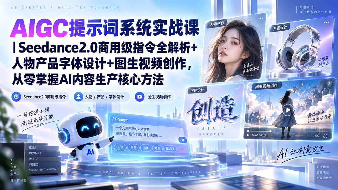 AIGC提示词系统实战课-无水印|Seedance2.0商用级指令全解析+人物产品字体设计+图生视频创作,掌握AI内容生产方法 图1