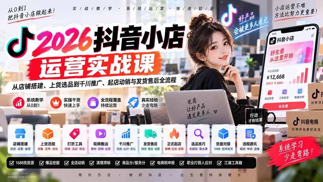 2026抖音小店运营实战课|从店铺搭建、上货选品到千川推广、起店动销与发货售后全流程 图1