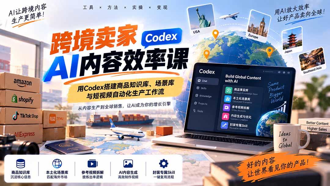 跨境卖家AI内容效率课：用Codex搭建商品知识库、场景库与短视频自动化生产工作流 图1