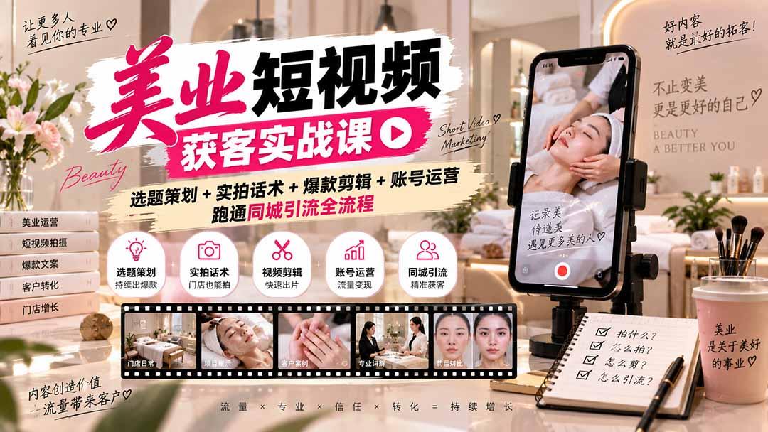 美业短视频获客实战课-无水印:选题策划+实拍话术+爆款剪辑+账号运营,跑通同城引流全流程 图1