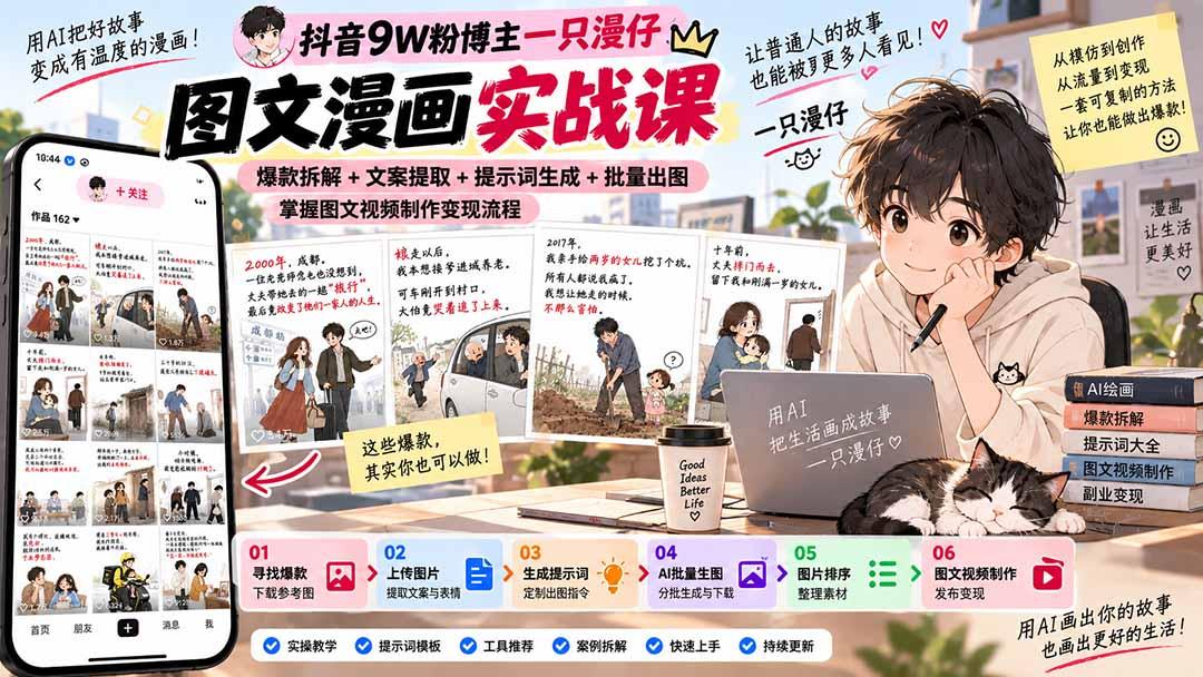 抖音9W粉博主一只漫仔图文漫画课:爆款拆解+文案提取+提示词生成+批量出图,掌握图文视频制作变现流程 图1