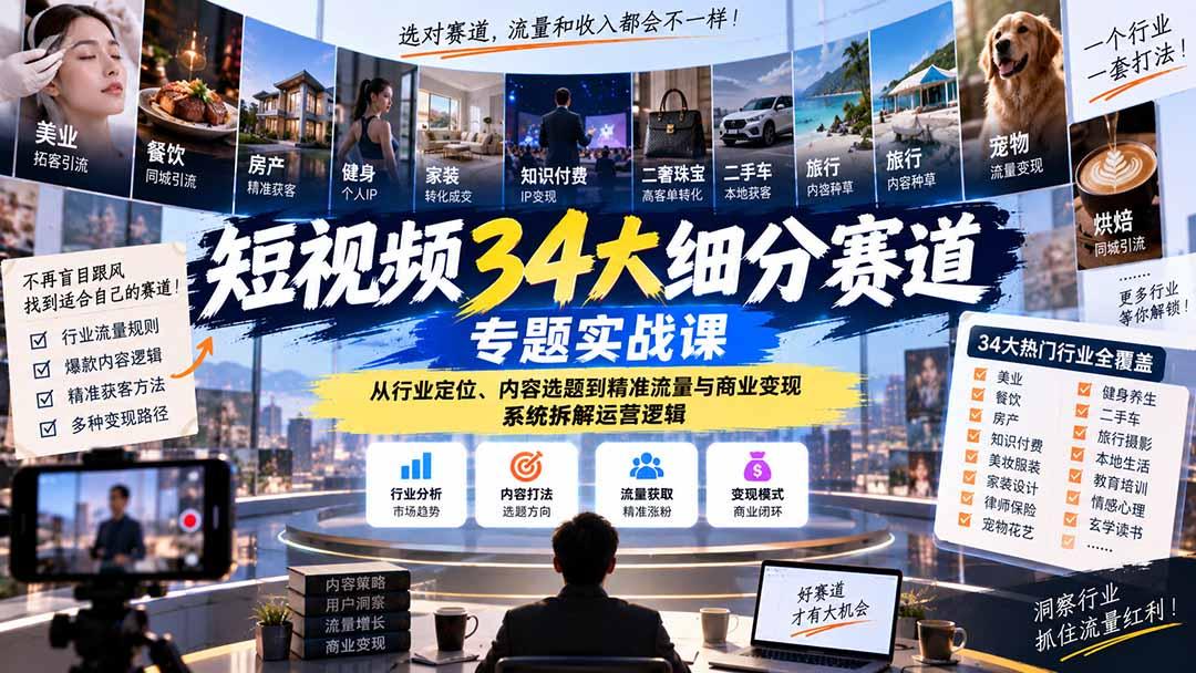 短视频34大细分赛道专题实战课:从行业定位、内容选题到精准流量与商业变现,系统拆解运营逻辑 图1