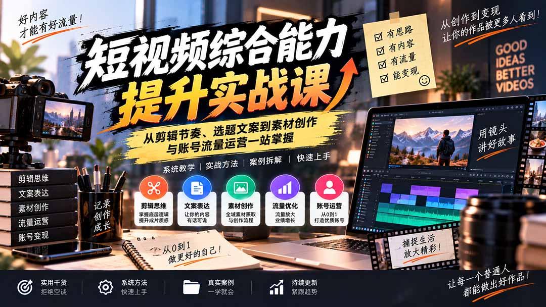 短视频综合能力提升实战课:从剪辑节奏、选题文案到素材创作与账号流量运营一站掌握 图1