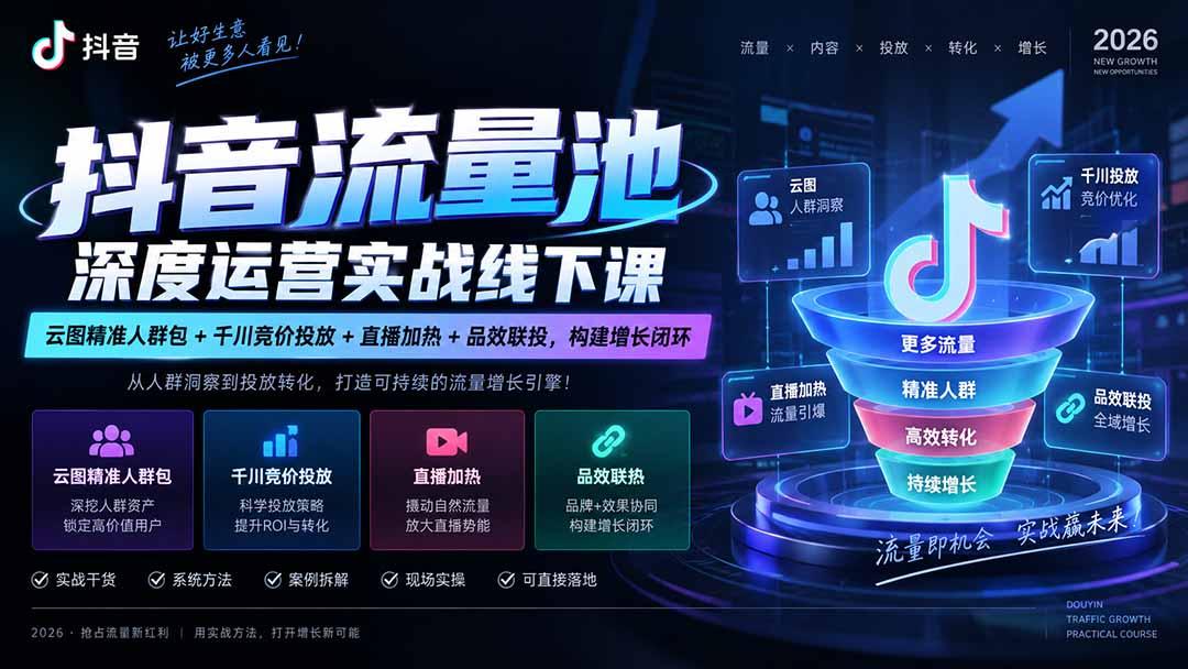 抖音流量池深度运营实战线下课|云图精准人群包+千川竞价投放+直播加热+品效联投,构建增长闭环 图1