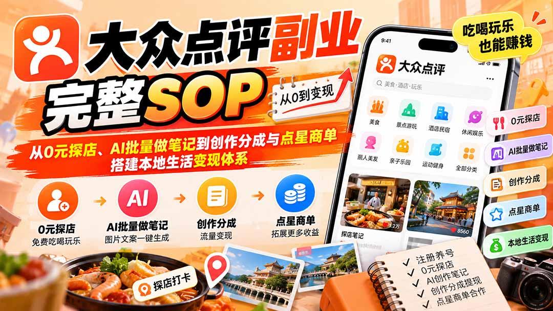 【无水印】大众点评副业完整SOP:从0元探店、AI批量做笔记到创作分成与点星商单,搭建本地生活变现体系 图1
