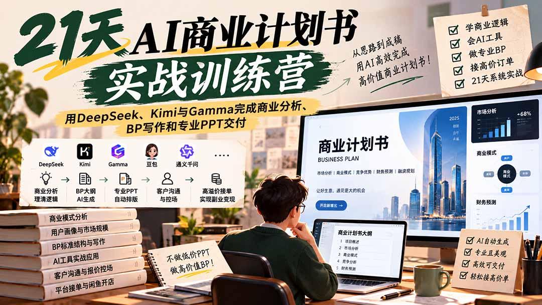 【无水印】21天AI商业计划书实战训练营:用DeepSeek、Kimi与Gamma完成商业分析、BP写作和专业PPT交付 图1