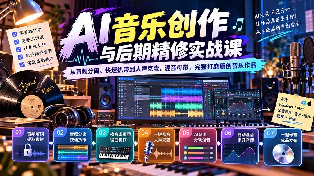 AI音乐创作与后期精修实战课:从音频分离、快速扒带到人声克隆、混音母带,完整打磨原创音乐作品 图1