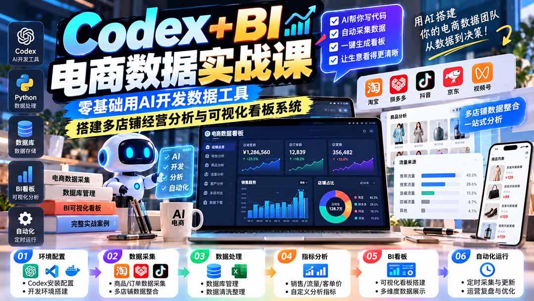 Codex+BI电商数据实战课:零基础用AI开发数据工具,搭建多店铺经营分析与可视化看板系统 图1