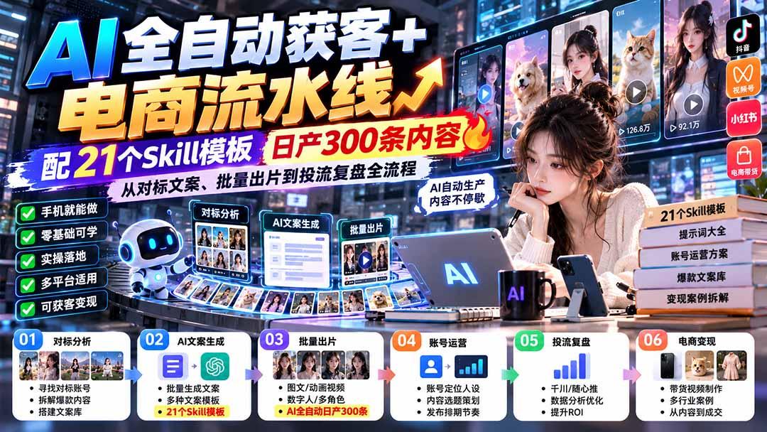 【无水印】AI全自动获客+电商流水线:配21个Skill模板,日产300条内容,从对标文案、批量出片到投流复盘全流程 图1