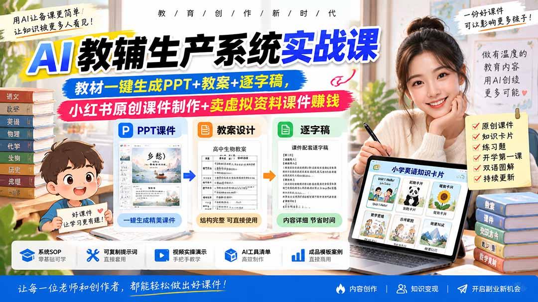 AI教辅生产系统实战课-更新0926|教材一键生成PPT+教案+逐字稿,小红书原创课件制作+卖虚拟资料课件赚钱 图1