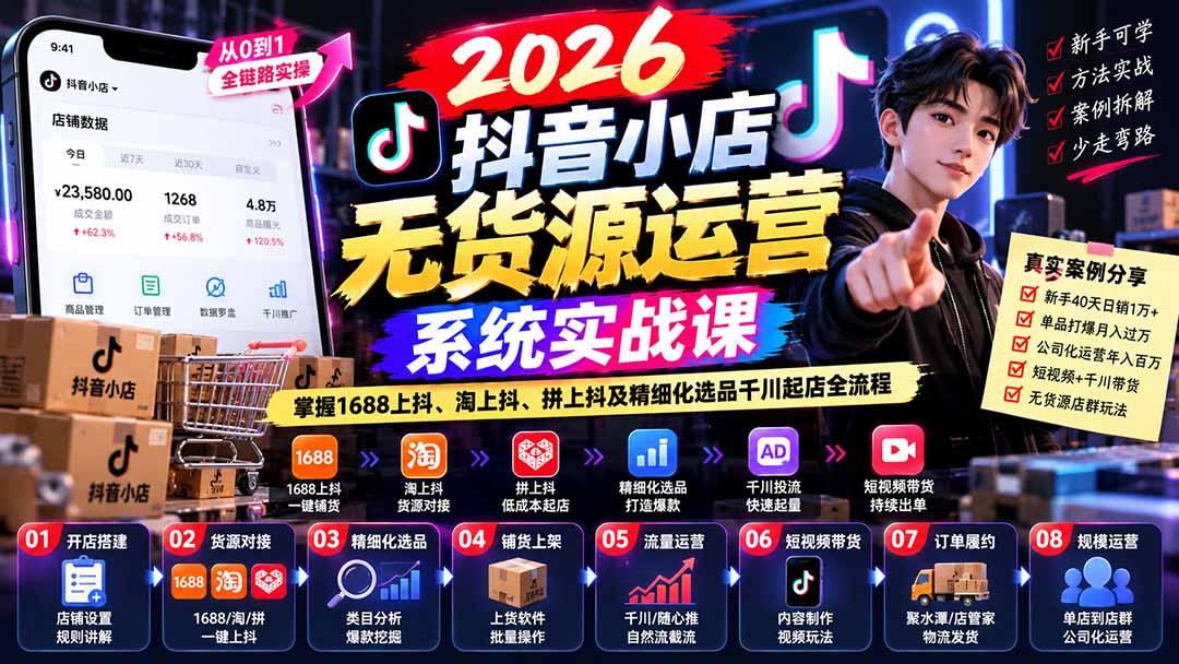 【无水印】2026抖音小店无货源运营系统实战课:掌握1688上抖、淘上抖、拼上抖及精细化选品千川起店全流程 图1