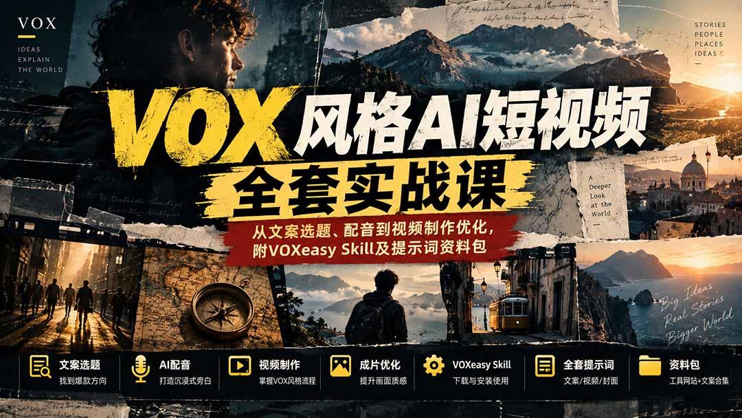 【无水印】VOX风格AI短视频全套实战课:从文案选题、配音到视频制作优化,附VOXeasy Skill及提示词资料包 图1