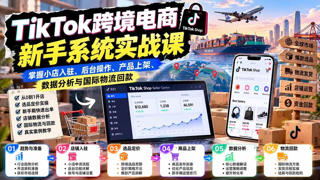 TikTok跨境电商新手系统实战课:掌握小店入驻、后台操作、产品上架、数据分析与国际物流回款 图1