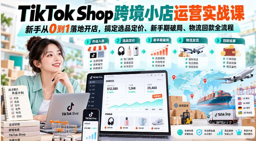 TikTok Shop跨境小店运营实战课,新手从0到1落地开店,搞定选品定价、新手期破局、物流回款全流程 图1