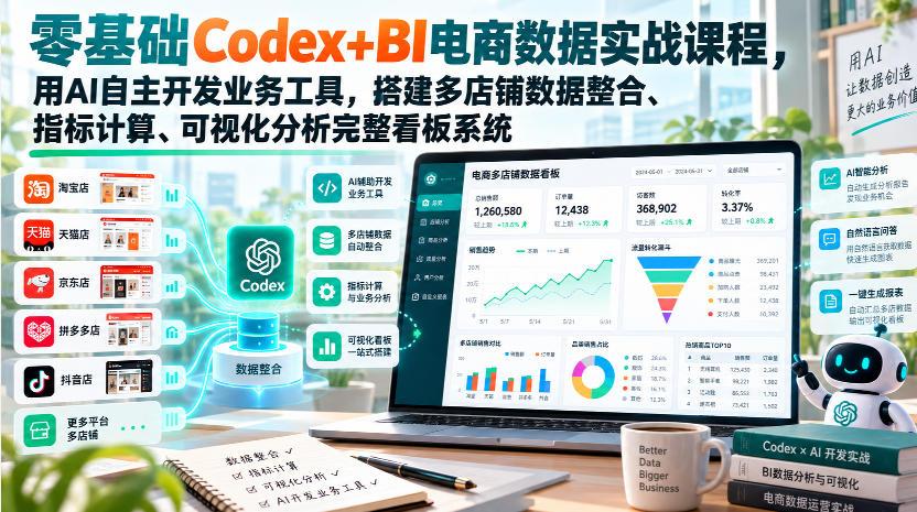 零基础Codex+BI电商数据实战课程,用AI自主开发业务工具,搭建多店铺数据整合、指标计算、可视化分析完整看板系统 图1