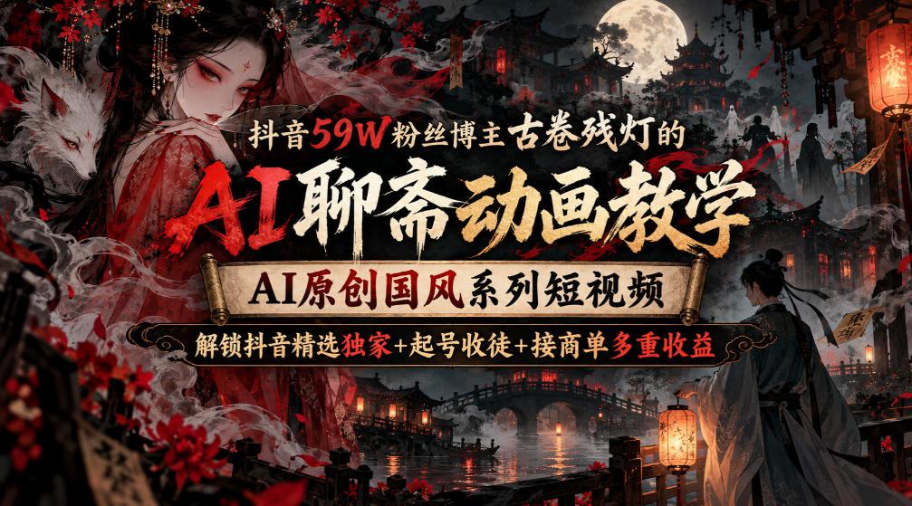抖音59W粉丝博主古卷残灯的AI聊斋动画教学，AI原创国风系列短视频，解锁抖音精选独家+起号收徒+接商单多重收益 图1