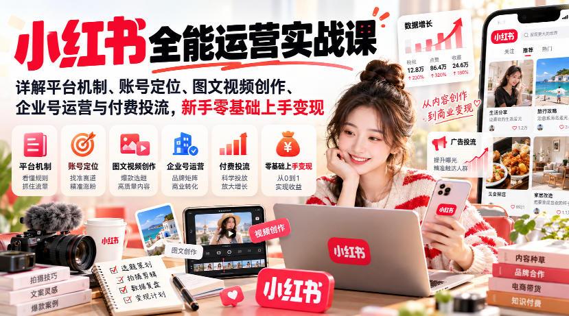 小红书全能运营实战课,详解平台机制、账号定位、图文视频创作、企业号运营与付费投流,新手零基础上手变现 图1