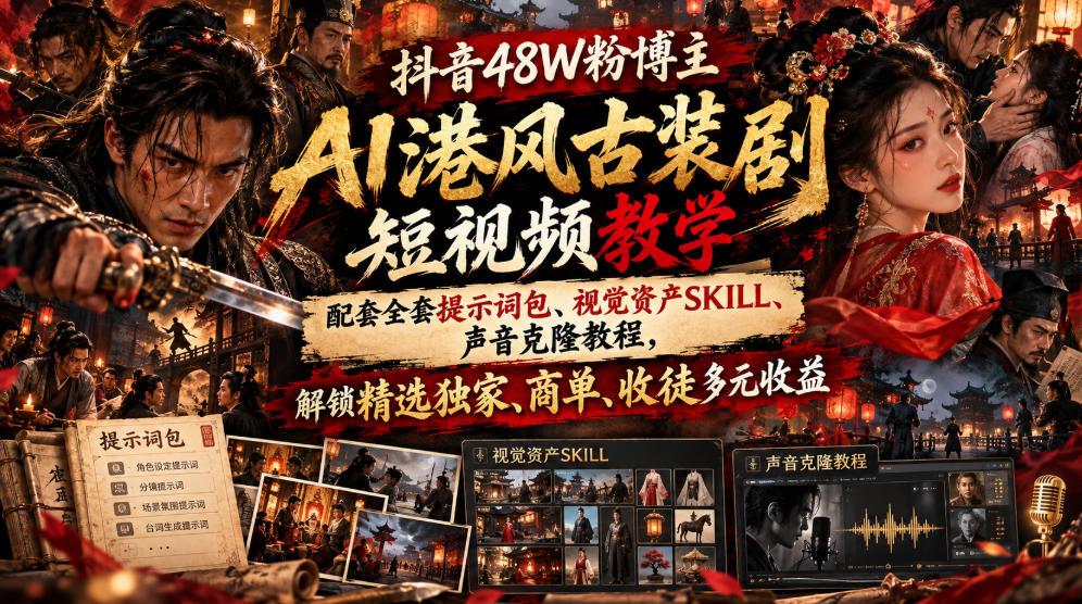 抖音48W粉博主好英俊pro的AI港风邵氏古装剧短视频教学,配套全套提示词包、视觉资产SKILL、声音克隆教程,解锁精选独家、商单、收徒多元收益 图1