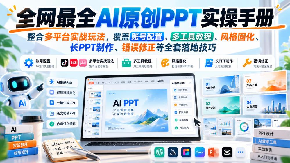 【无水印】全网最全AI原创PPT实操手册,整合多平台实战玩法,覆盖账号配置、多工具教程、风格固化、长PPT制作、错误修正等全套落地技巧 图1