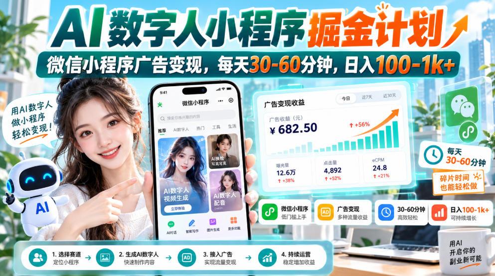 【无水印】AI数字人小程序掘金计划,微信小程序广告变现,每天30‑60分钟,日入100‑1k+ 图1