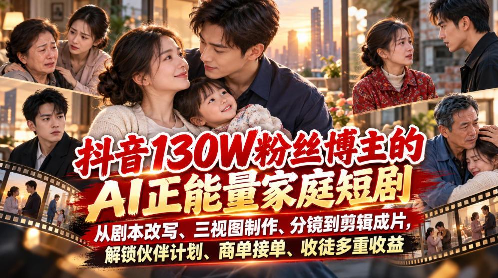 抖音130W粉丝博主的AI正能量家庭短剧，从剧本改写、三视图制作、分镜到剪辑成片，解锁伙伴计划、商单接单、收徒多重收益 图1