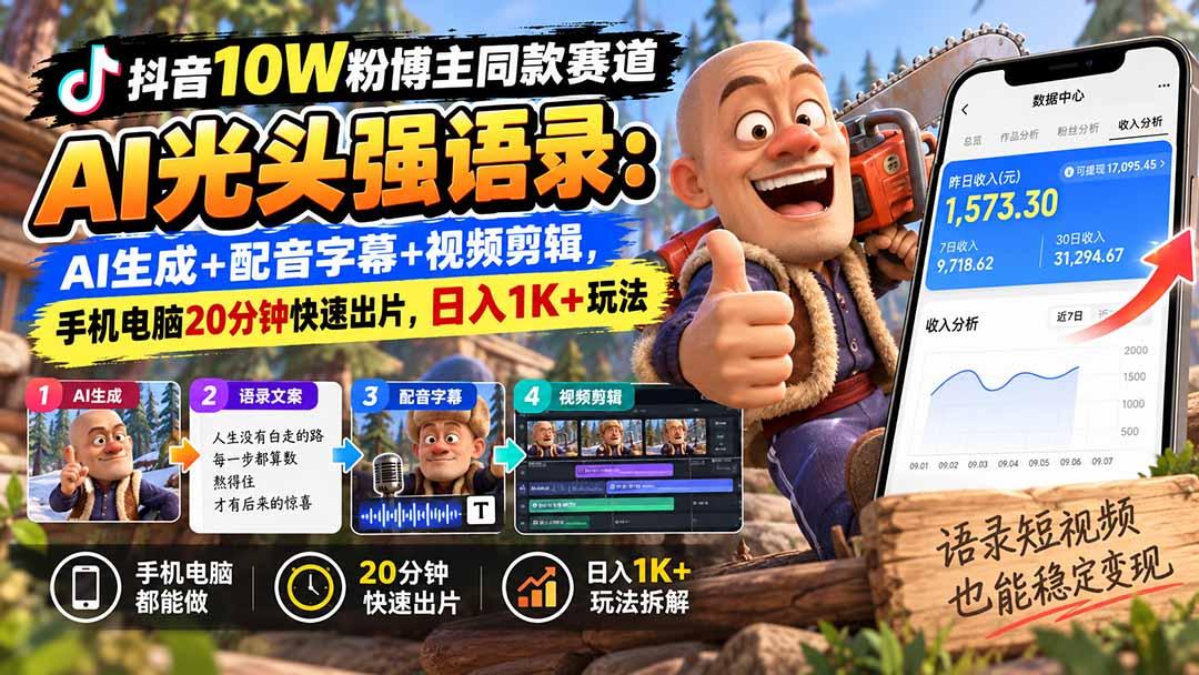 【无水印】抖音10W粉博主同款赛道AI光头强语录:AI生成+配音字幕+视频剪辑,手机电脑20分钟快速出片,日入1K+玩法 图1