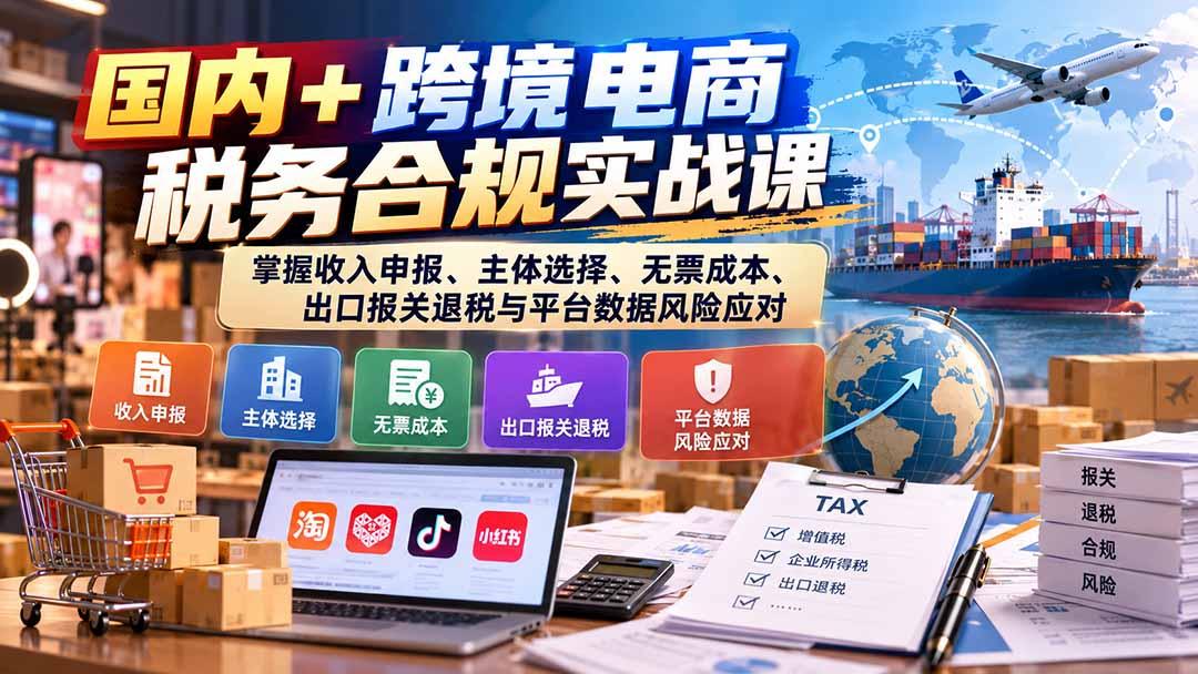 国内+跨境电商税务合规实战课:掌握收入申报、主体选择、无票成本、出口报关退税与平台数据风险应对 图1