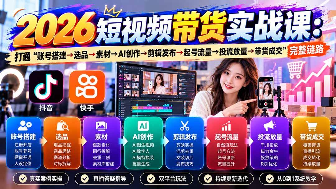 2026短视频带货实战课9月:打通“账号搭建→选品→素材→AI创作→剪辑发布→起号流量→投流放量→带货成交”完整链路 图1