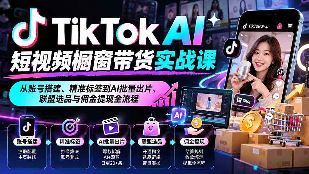 TikTok AI短视频橱窗带货实战课:从账号搭建、精准标签到AI批量出片、联盟选品与佣金提现全流程 图1