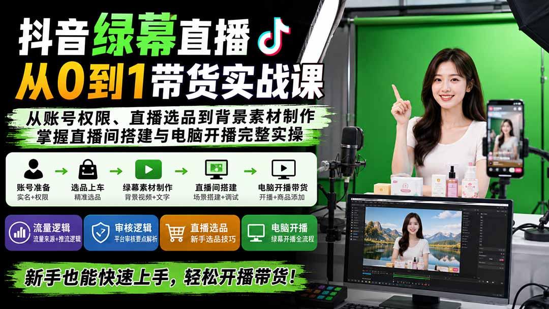 抖音绿幕直播从0到1带货实战课:从账号权限、直播选品到背景素材制作,掌握直播间搭建与电脑开播完整实操 图1
