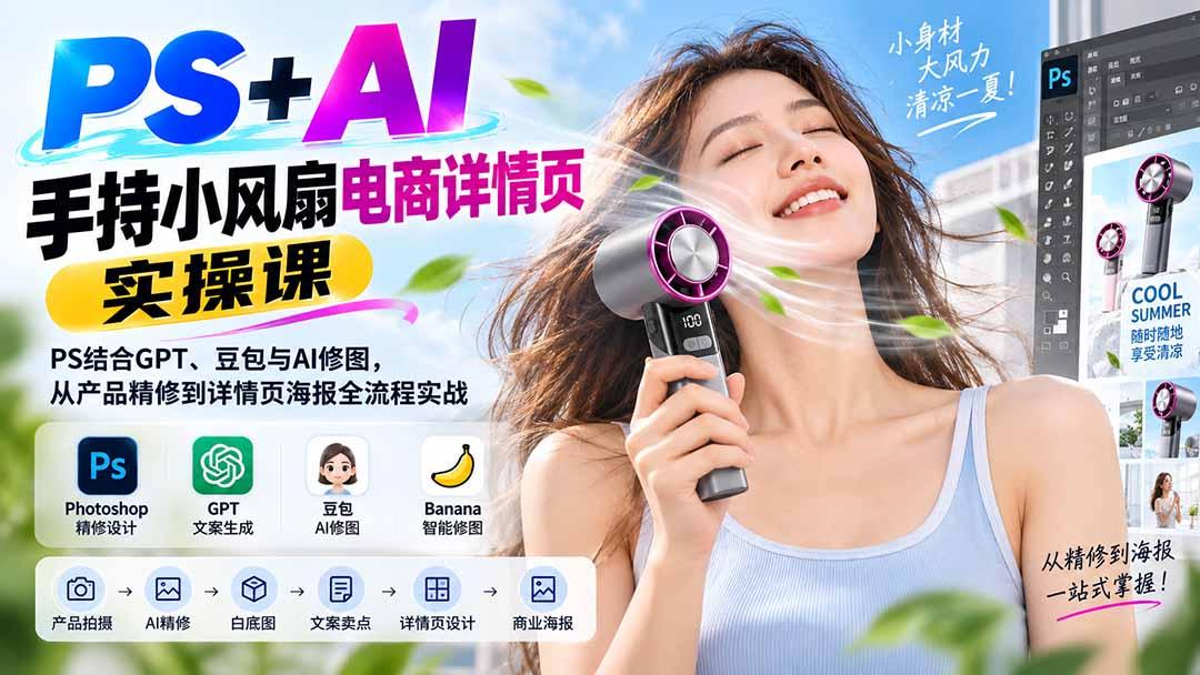 PS+AI手持小风扇电商详情页实操课:PS结合GPT、豆包与AI修图,从产品精修到详情页海报全流程实战 图1