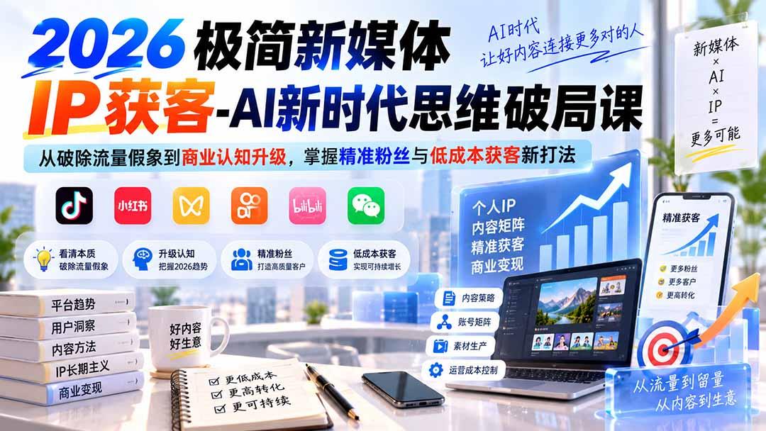 2026极简新媒体IP获客-AI新时代思维破局课:从破除流量假象到商业认知升级,掌握精准粉丝与低成本获客新打法 图1