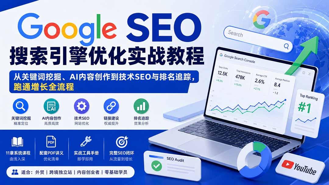 Google SEO搜索引擎优化实战教程:从关键词挖掘、AI内容创作到技术SEO与排名追踪,跑通增长全流程 图1