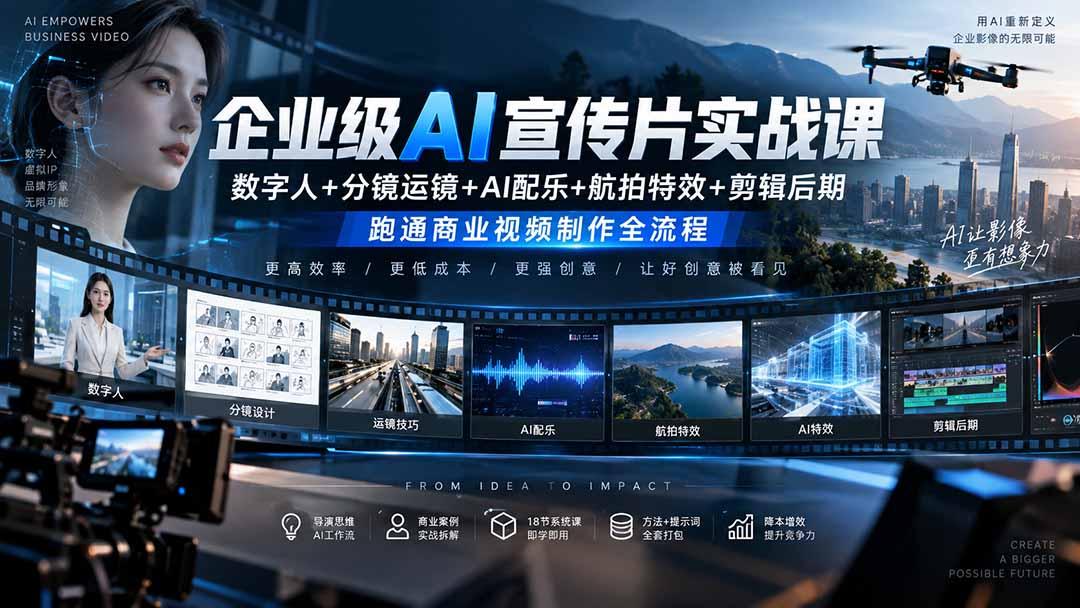 企业级AI宣传片实战课|数字人+分镜运镜+AI配乐+航拍特效+剪辑后期,跑通商业视频制作全流程 图2
