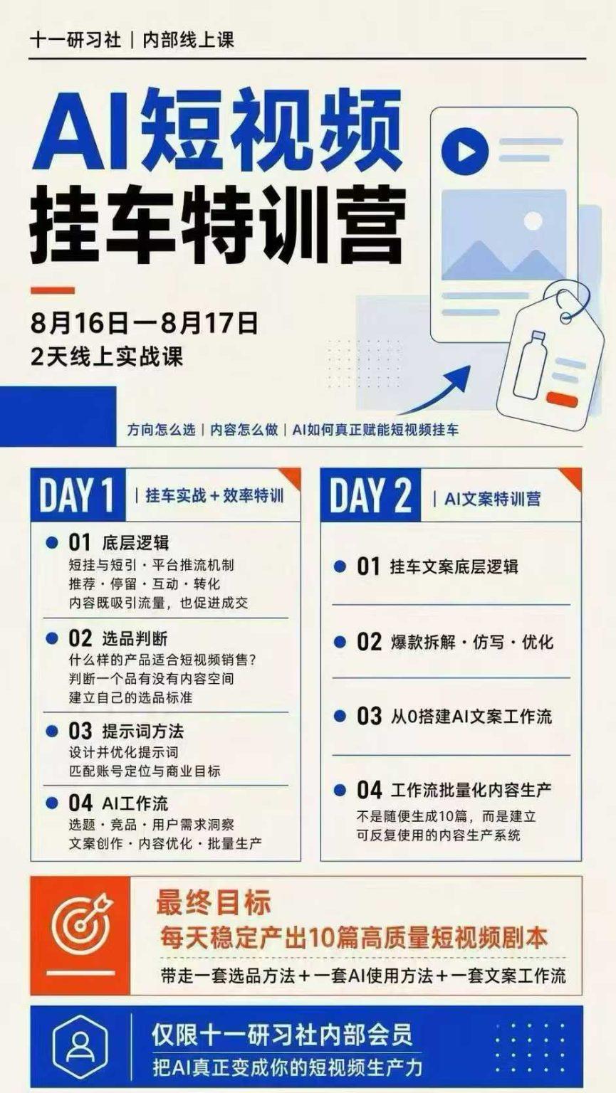 AI短视频挂车生产力8月16-17线上课实战营:2天掌握选品方法+AI使用方法+文案工作流,建立每天10篇高质量剧本生产线 图2