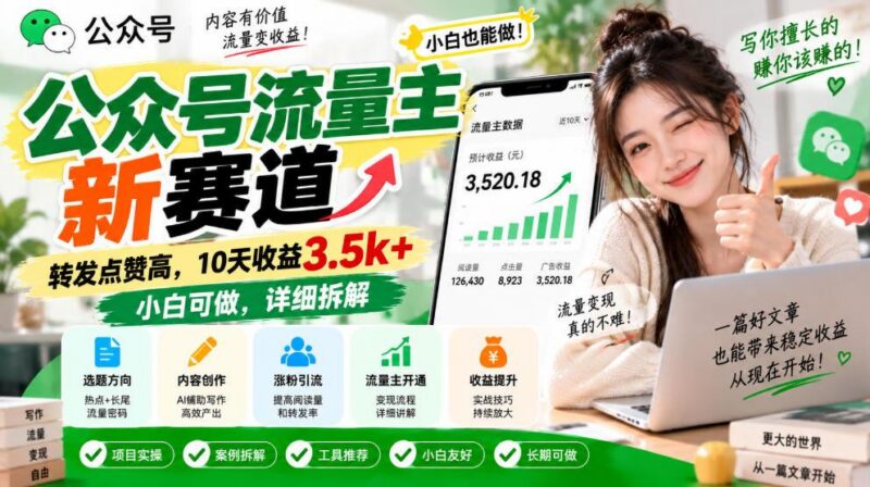 公众号流量主新赛道,转发点赞高,10天收益3.5k+小白可做,详细拆解 三零资源-三零资源