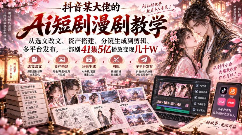抖音某大佬的Ai短剧漫剧教学,从选文改文、资产搭建、分镜生成到剪辑、多平台发布,一部剧41集5亿播放变现几十W