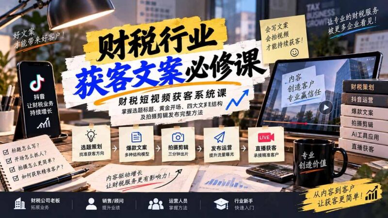 财税短视频获客系统课：掌握选题标题、黄金开场、四大文案结构及拍摄剪辑发布完整方法 三零资源-三零资源