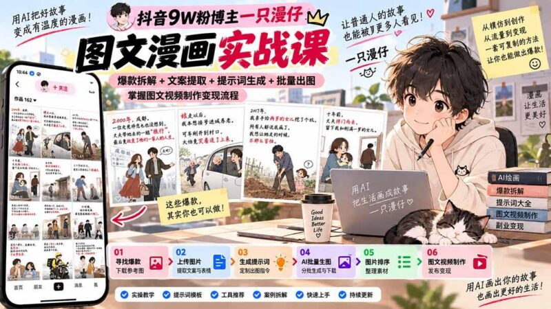 抖音9W粉博主一只漫仔图文漫画课:爆款拆解+文案提取+提示词生成+批量出图,掌握图文视频制作变现流程 三零资源-三零资源