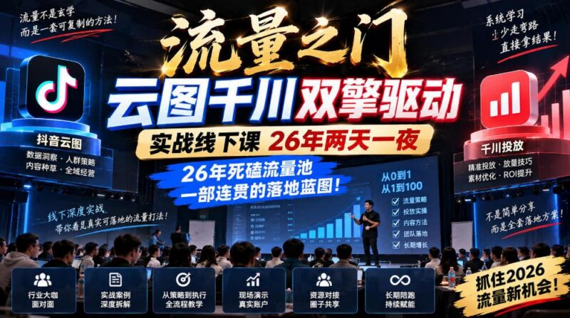 流量之门-云图千川双擎驱动实战线下课26年两天一夜,26年死磕流量池一部连贯的落地蓝图! 三零资源-三零资源