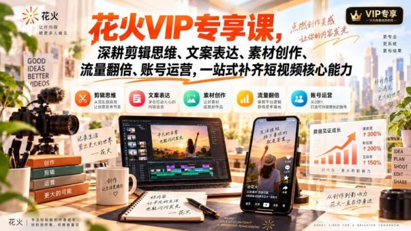 花火VIP专享课,深耕剪辑思维、文案表达、素材创作、流量翻倍、账号运营,一站式补齐短视频核心能力-三零资源