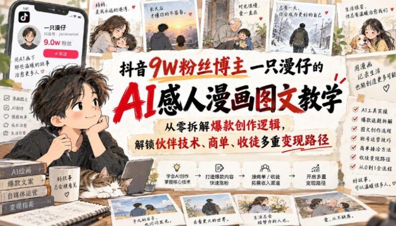 抖音9W粉丝博主一只漫仔的AI感人漫画图文教学,从零拆解爆款创作逻辑,解锁伙伴技术、商单、收徒多重变现路径 三零资源-三零资源