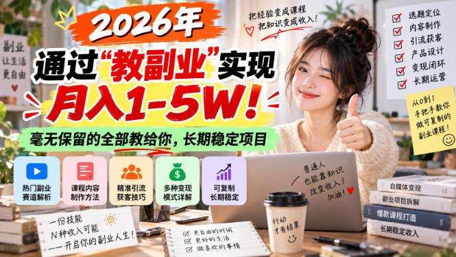2026年通过“教副业”实现月入1-5W!毫无保留的全部教给你,长期稳定项目【揭秘】-三零资源