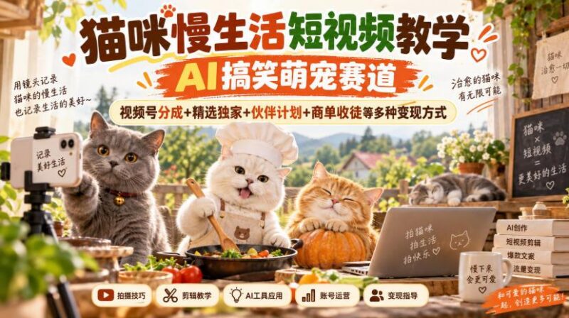 猫咪慢生活短视频教学,AI搞笑萌宠赛道,视频号分成+精选独家+伙伴计划+商单收徒等多种变现方式-三零资源