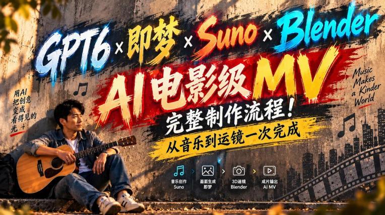 GPT6×即梦×Suno×Blender｜AI电影级MV完整制作流程！从音乐到运镜一次完成！-三零资源
