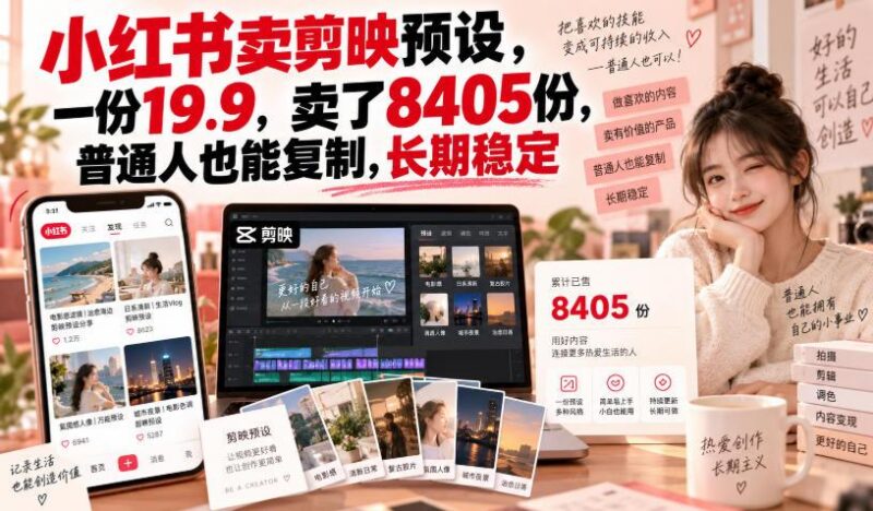 小红书卖剪映预设，一份19.9，卖了8405份，普通人也能复制，长期稳定-三零资源
