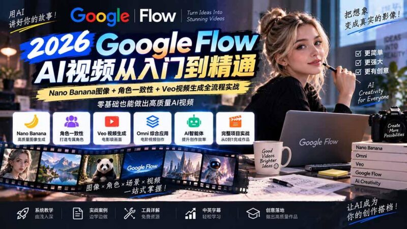 【无水印】Google Flow AI视频从入门到精通:Nano Banana图像+角色一致性+Veo视频生成全流程实战-精翻中英字幕 三零资源-三零资源