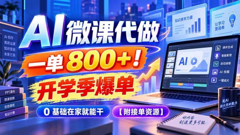 AI 微课代做,一单 800+!开学季爆单,0 基础在家就能干【附接单资源】 三零资源-三零资源