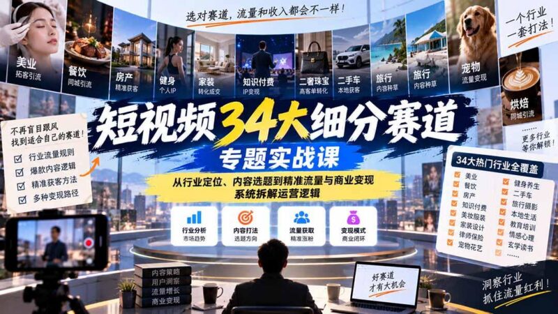 短视频34大细分赛道专题实战课:从行业定位、内容选题到精准流量与商业变现,系统拆解运营逻辑 三零资源-三零资源