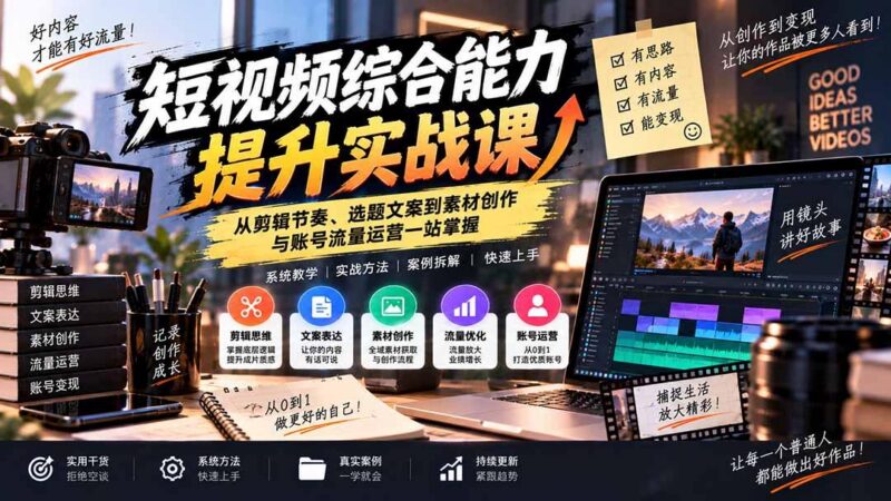 短视频综合能力提升实战课：从剪辑节奏、选题文案到素材创作与账号流量运营一站掌握-三零资源